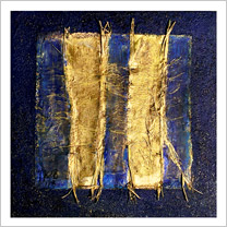 Blau-Goldene Harmonie, Assemblage auf Leinwand, 40x40 cm, 2013